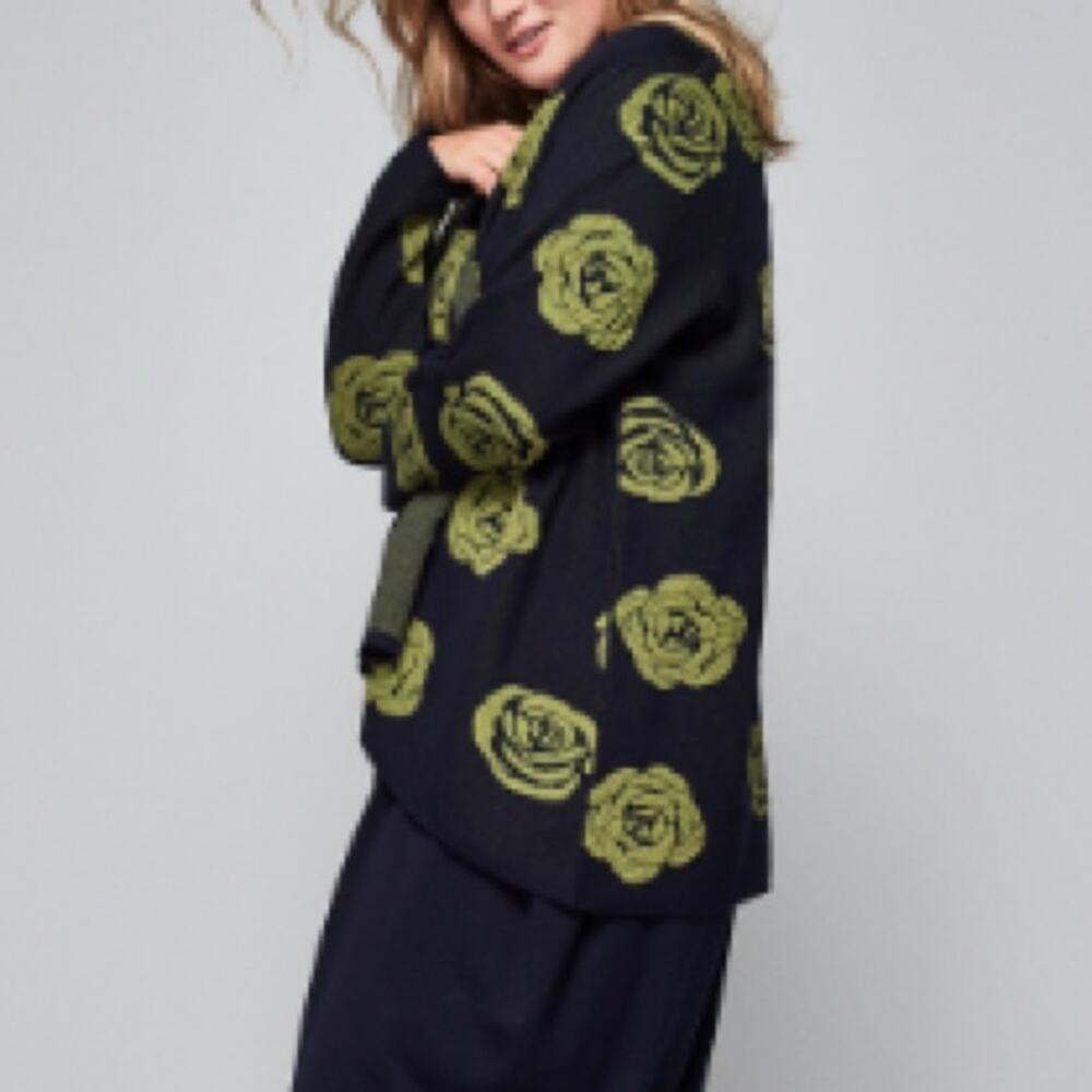 Isolde Roth Floral Black Olive Sweater Cotton Blend Tunic Sz 2X